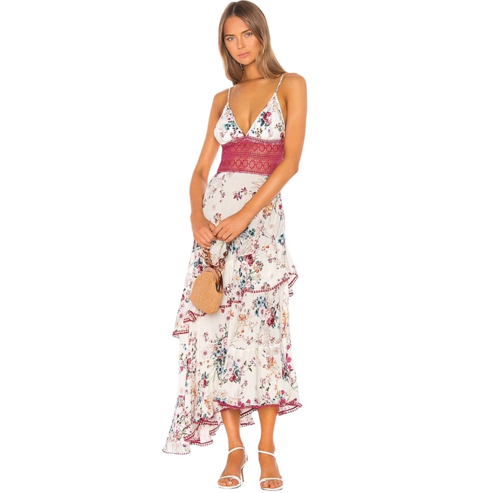 Charo Ruiz White Floral Asymmetrical Maxi Dress with Burgundy Waist